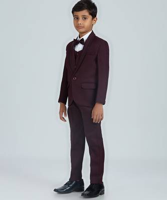 gentleman   s charm in sequence suit set full sleeves blazer, shirt, pant and waist coat with bow tie - wine 3