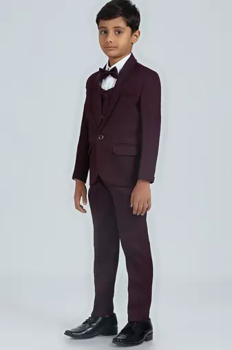gentleman   s charm in sequence suit set full sleeves blazer, shirt, pant and waist coat with bow tie - wine