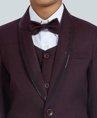 gentleman   s charm in sequence suit set full sleeves blazer, shirt, pant and waist coat with bow tie - wine 4