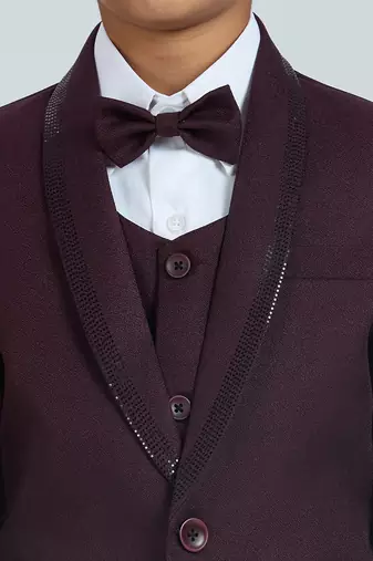gentleman   s charm in sequence suit set full sleeves blazer, shirt, pant and waist coat with bow tie - wine