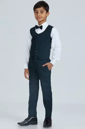 charm in sequence suit set full sleeves blazer, shirt, pant and waist coat with bow tie - tblue