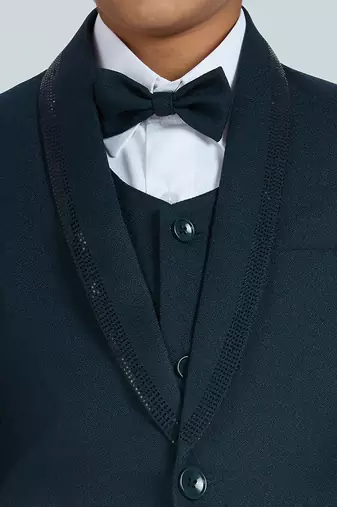 charm in sequence suit set full sleeves blazer, shirt, pant and waist coat with bow tie - tblue