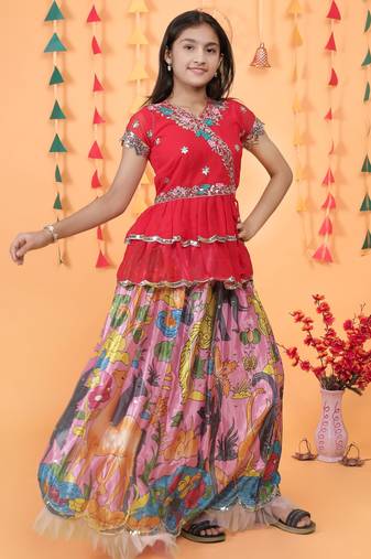Trendy Georgette Kediya Style Embroidery And Digital Printed Pink Readymade Lehenga Choli