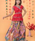 Trendy Georgette Kediya Style Embroidery And Digital Printed Pink Readymade Lehenga Choli