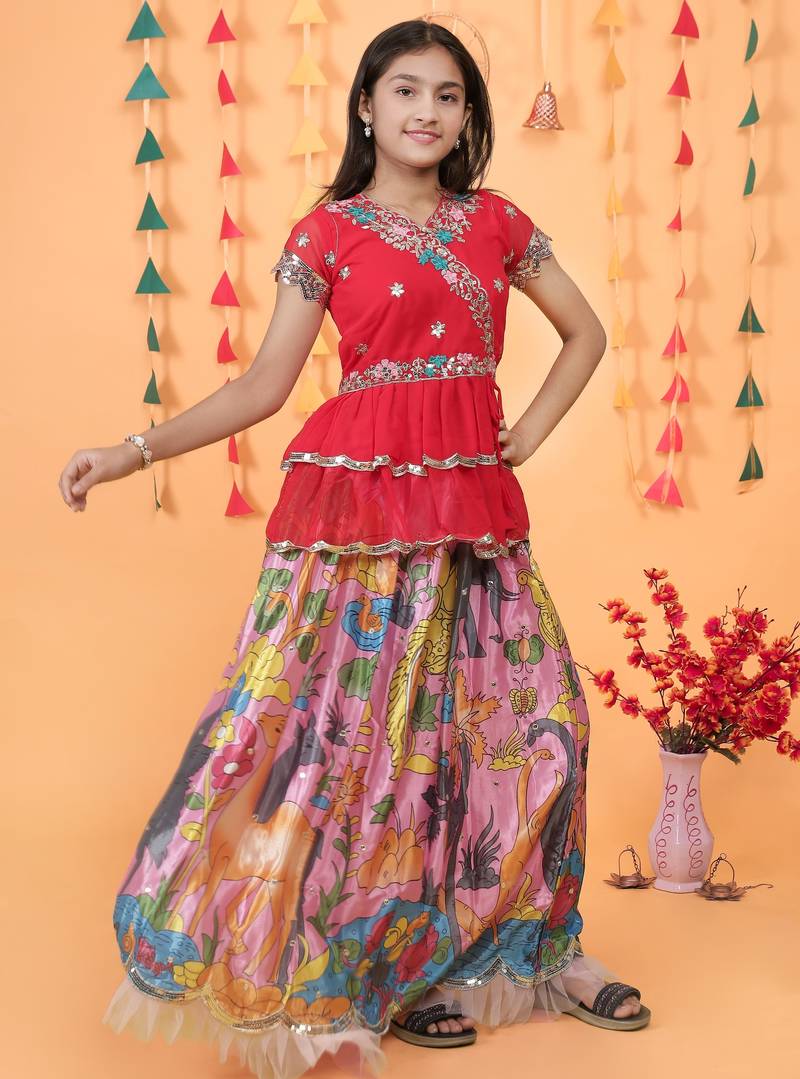 Trendy Georgette Kediya Style Embroidery And Digital Printed Pink Readymade Lehenga Choli