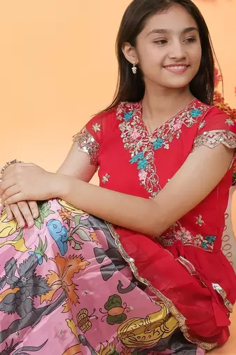 Trendy Georgette Kediya Style Embroidery And Digital Printed Pink Readymade Lehenga Choli