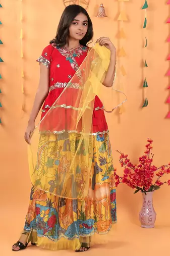 Trendy Georgette Kediya Style Embroidery And Digital Printed Yellow Readymade Lehenga Choli