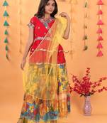 Trendy Georgette Kediya Style Embroidery And Digital Printed Yellow Readymade Lehenga Choli