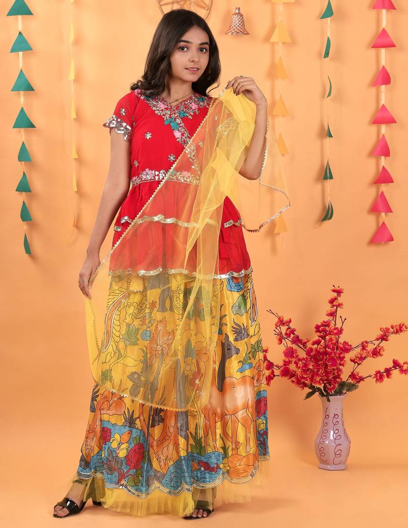 Trendy Georgette Kediya Style Embroidery And Digital Printed Yellow Readymade Lehenga Choli
