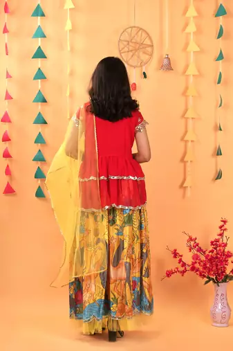 Trendy Georgette Kediya Style Embroidery And Digital Printed Yellow Readymade Lehenga Choli