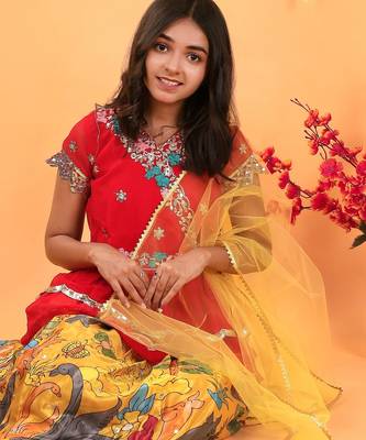 Trendy Georgette Kediya Style Embroidery And Digital Printed Yellow Readymade Lehenga Choli 3