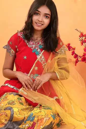 Trendy Georgette Kediya Style Embroidery And Digital Printed Yellow Readymade Lehenga Choli