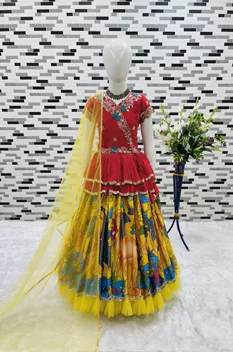Trendy Georgette Kediya Style Embroidery And Digital Printed Yellow Readymade Lehenga Choli
