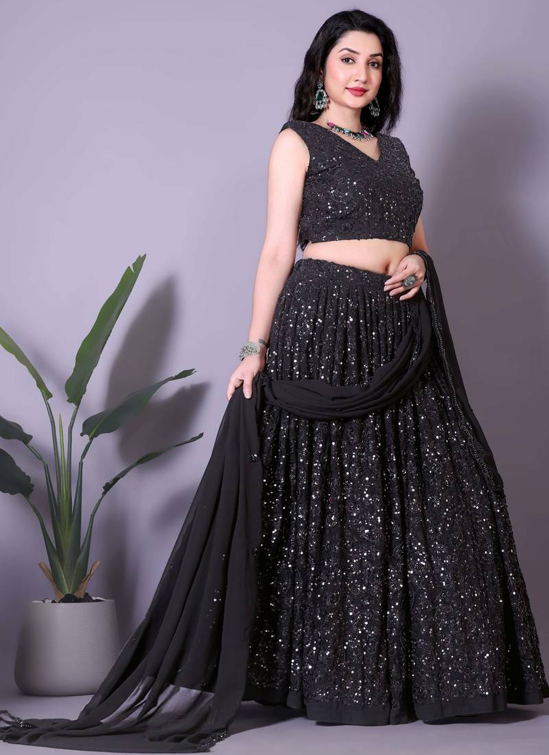 Black Heavy Party Wear Sequence Work Lehenga Choli
