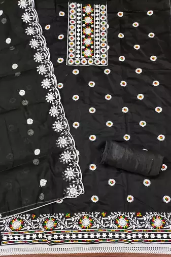 Women's black heavy thread embroidery chanderi cotton dress material