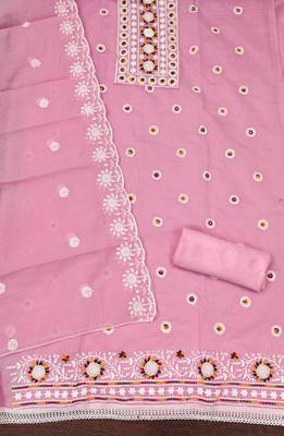 Women's pink heavy thread embroidery chanderi cotton dress material 1