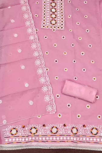 Women's pink heavy thread embroidery chanderi cotton dress material