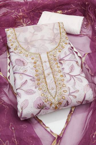 Women's cream unstitched sequence digital position print viscose organza dress material (msmfc11572c)