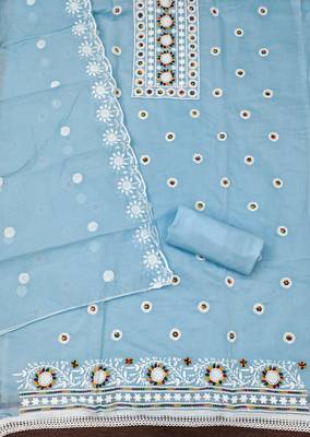 Women's sky blue heavy thread embroidery chanderi cotton dress material 1