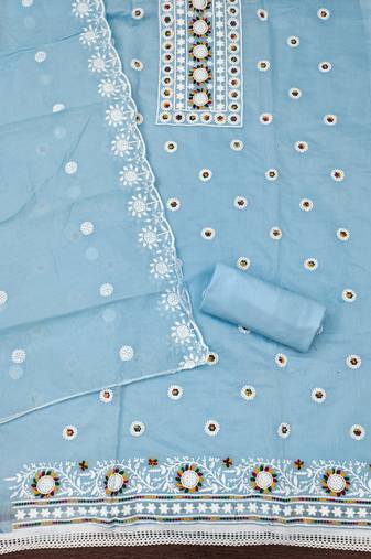 Women's sky blue unstitched heavy thread embroidery chanderi cotton dress material (cp9096sbl)