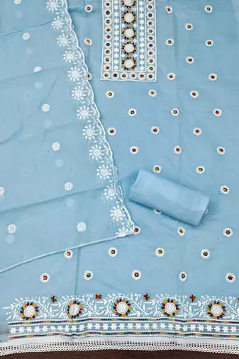 Women's sky blue heavy thread embroidery chanderi cotton dress material