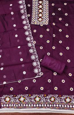 Women's voilet heavy thread embroidery chanderi cotton dress material 1