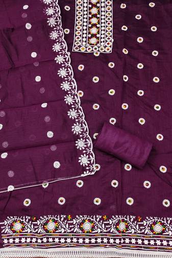 Women's voilet unstitched heavy thread embroidery chanderi cotton dress material (cp9096vlt)
