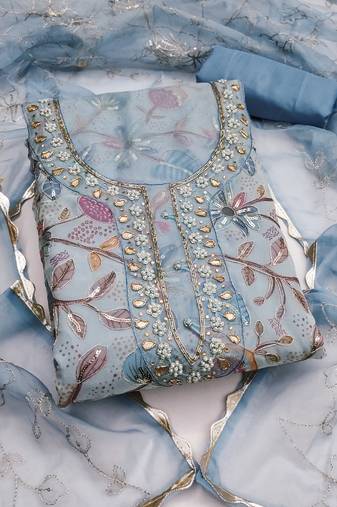 Women's pastel blue unstitched sequence digital position print viscose organza dress material (msmfc11572a)