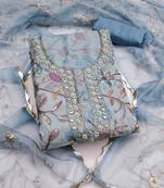 Women's pastel blue unstitched sequence digital position print viscose organza dress material (msmfc11572a)