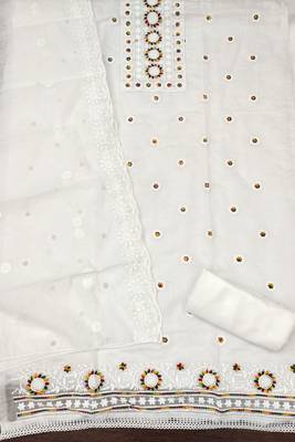 Women's white heavy thread embroidery chanderi cotton dress material 1
