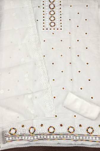 Women's white unstitched heavy thread embroidery chanderi cotton dress material (cp9096wht)