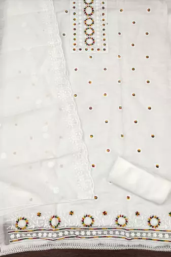 Women's white heavy thread embroidery chanderi cotton dress material