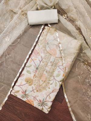 Women's beige sequence digital position print viscose organza dress material 3