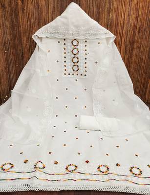 Women's white heavy thread embroidery chanderi cotton dress material 3