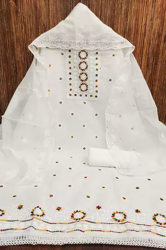 Women's white heavy thread embroidery chanderi cotton dress material