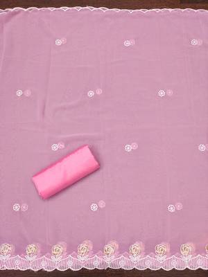 Women's baby pink heavy thread embroidery georgette dress material 1