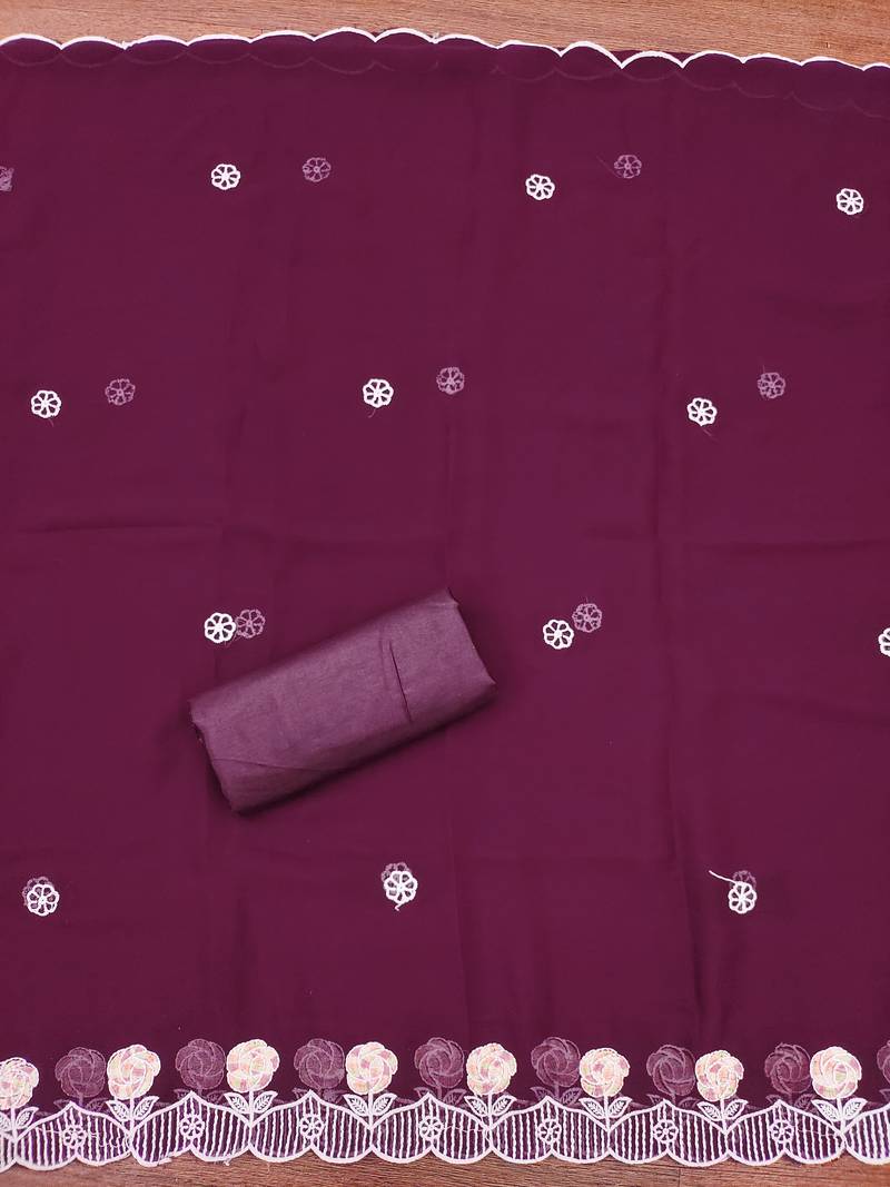 Women's purple unstitched heavy thread embroidery georgette dress material (cp9097ppl)