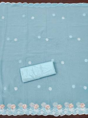 Women's sky blue heavy thread embroidery georgette dress material 1