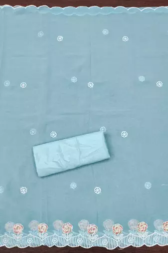 Women's sky blue heavy thread embroidery georgette dress material