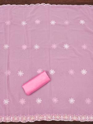 Women's baby pink heavy thread embroidery georgette dress material 1