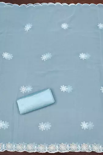 Women's sky blue heavy thread embroidery georgette dress material
