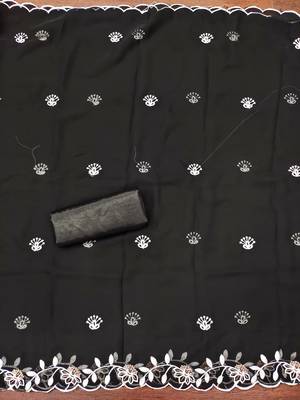 Women's black heavy thread embroidery georgette dress material 1