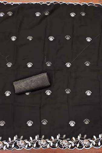 Women's black unstitched heavy thread embroidery georgette dress material (cp9099blk)