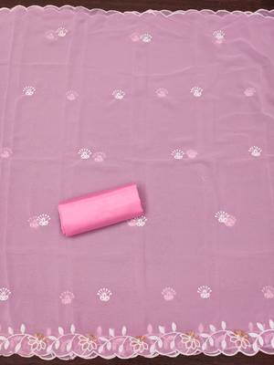 Women's baby pink heavy thread embroidery georgette dress material 1