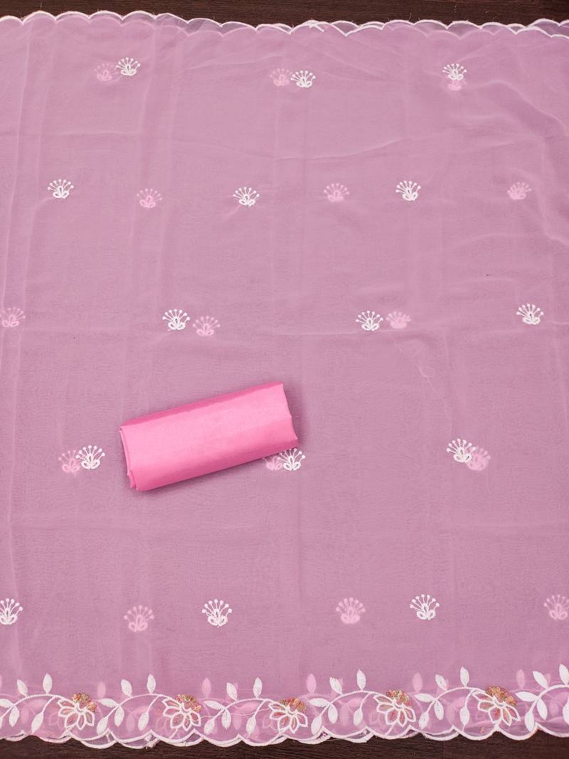 Women's baby pink unstitched heavy thread embroidery georgette dress material (cp9099bpk)