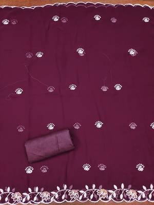 Women's purple heavy thread embroidery georgette dress material 1