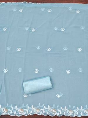 Women's sky blue heavy thread embroidery georgette dress material 1