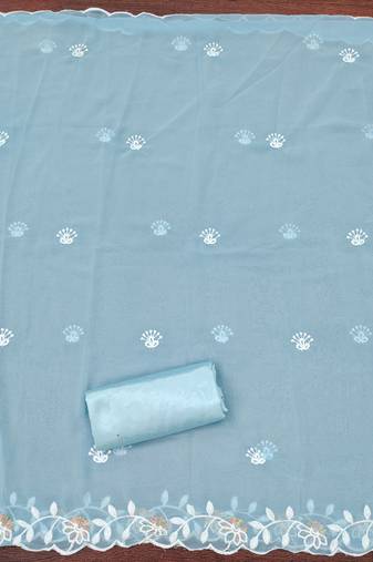 Women's sky blue unstitched heavy thread embroidery georgette dress material (cp9099sbl)