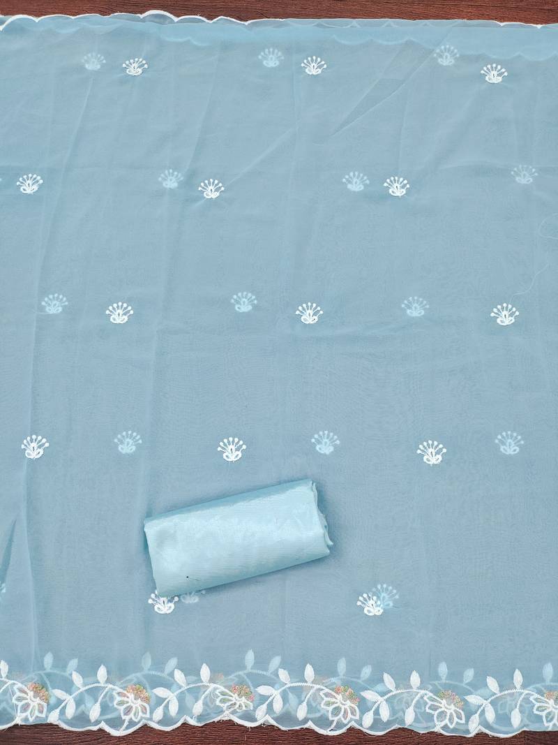 Women's sky blue unstitched heavy thread embroidery georgette dress material (cp9099sbl)