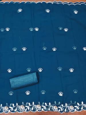 Women's teal blue heavy thread embroidery georgette dress material 1